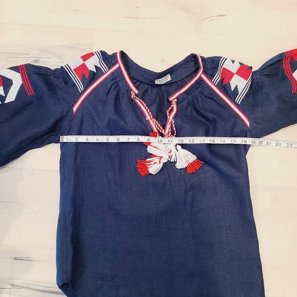 Fanm Mon Hand Embroidered Linen Peasant Blouse Navy Red EU 42 US M Artisan - Picture 6 of 7